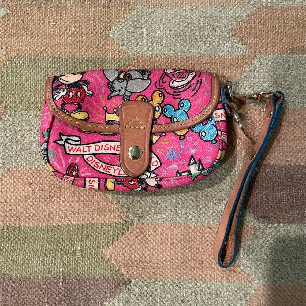 Dooney & Bourke Pink Disney Parks Coated Canvas and Brown Leather Wristlet